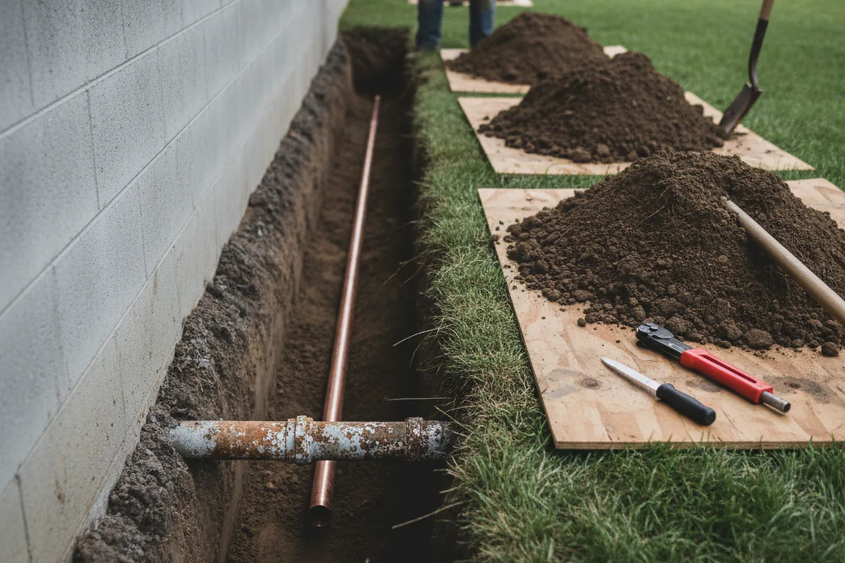 Excavated water line trench during Sewer Line Repair in Glenolden